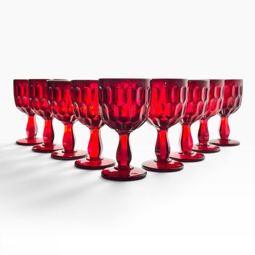 Fenton “Thumbprint, Ruby (Red)” Set of 9 Wine Glasses 5” 6oz Signed